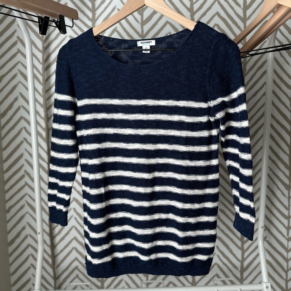 Maybe in white striped sweater